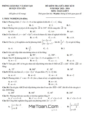 Đề thi giữa học kì 2 Toán 9 năm 2023 - 2024 phòng GD&ĐT Tân Yên - Bắc Giang