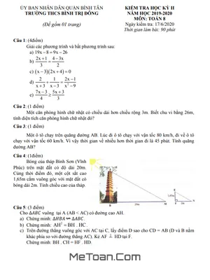 Đề thi học kì 2 Toán 8 năm 2019-2020 trường THCS Bình Trị Đông - TP.HCM (Có đáp án)