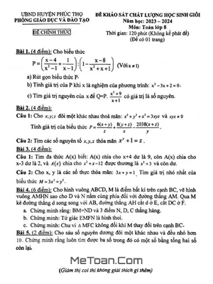 Đề KSCL Học Sinh Giỏi Toán 8 Năm 2023 - 2024 Phòng GD&ĐT Phúc Thọ - Hà Nội