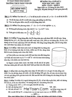 Đề Thi Cuối Kỳ 2 Toán 9 Năm 2022 - 2023 Trường THCS Trần Văn Ơn - TP HCM