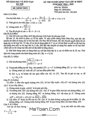 Đề tuyển sinh lớp 10 THPT môn Toán năm 2024 - 2025 sở GD&ĐT Hà Nội