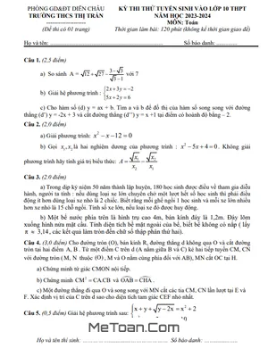 Đề thi thử Toán vào 10 năm 2023 - 2024 trường THCS Thị Trấn Diễn Châu - Nghệ An