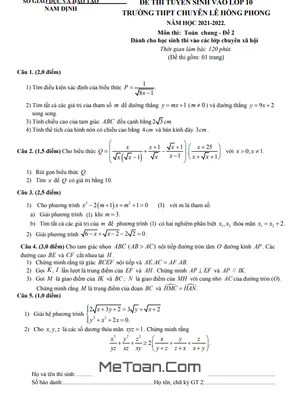 Đề thi vào lớp 10 môn Toán (chung) trường chuyên Lê Hồng Phong - Nam Định năm 2021 - 2022 (Đề 2)