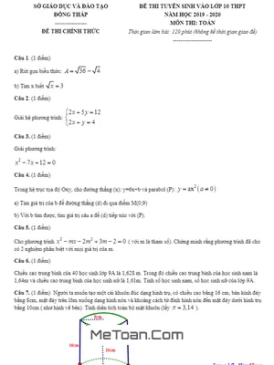 Đề thi và lời giải chi tiết môn Toán tuyển sinh lớp 10 năm 2019 - 2020 sở GD&ĐT Đồng Tháp