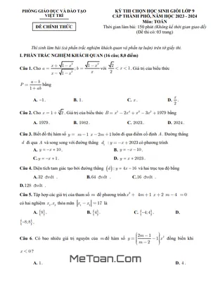 Đề thi học sinh giỏi Toán 9 năm 2023 - 2024 phòng GD&ĐT Việt Trì - Phú Thọ