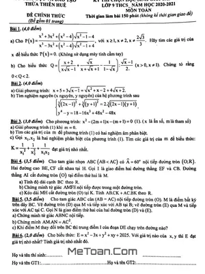 Đề thi HSG Toán 9 cấp tỉnh năm 2020-2021 Sở GD&ĐT Thừa Thiên Huế