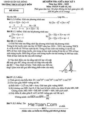 Đề giữa học kỳ 1 Toán 9 năm 2024 - 2025 trường THCS Lê Quý Đôn - Hà Nội