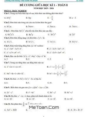 Đề Cương Ôn Tập Giữa Kì 1 Toán 8 Năm Học 2025 – 2026 Trường PT Thực Hành Sư Phạm, Đồng Nai (Kèm Đáp Án)