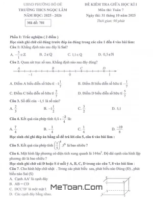 Đề Kiểm Tra Giữa Kì 1 Toán 7 Năm Học 2025 - 2026 Trường THCS Ngọc Lâm, Hà Nội