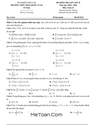 Đề Thi Toán 12 Giữa Kỳ 2 Năm 2025-2026 THPT Trần Quốc Tuấn - Đắk Lắk