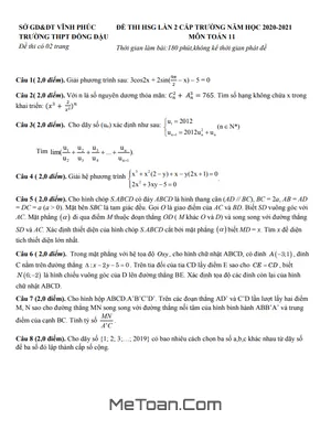 Đề thi HSG Toán 11 lần 2 năm 2020 - 2021 trường THPT Đồng Đậu - Vĩnh Phúc