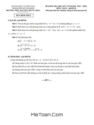 Đề thi HK1 Toán 10 năm 2019 - 2020 trường THPT Nguyễn Trung Trực - TP HCM
