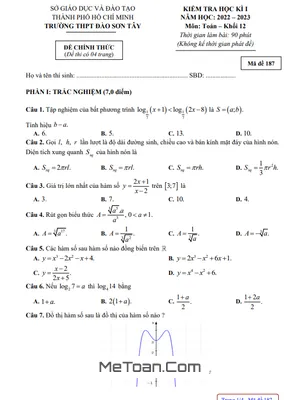 Đề thi học kì 1 Toán 12 năm 2022 - 2023 trường THPT Đào Sơn Tây - TP HCM