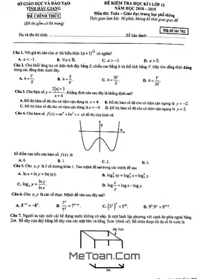 Đề thi học kỳ 1 Toán 12 năm học 2018 - 2019 sở GD&ĐT Hậu Giang