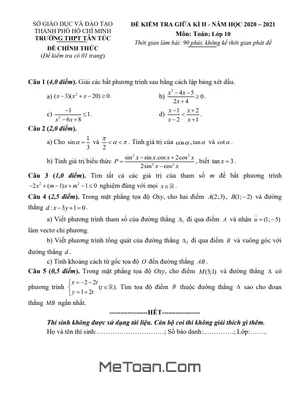 Đề thi giữa kì 2 môn Toán lớp 10 năm 2020 - 2021 trường THPT Tân Túc, TP.HCM