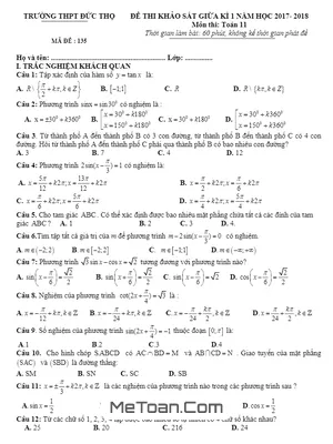 Đề thi khảo sát giữa kỳ 1 Toán 11 năm 2017-2018 trường THPT Đức Thọ - Hà Tĩnh