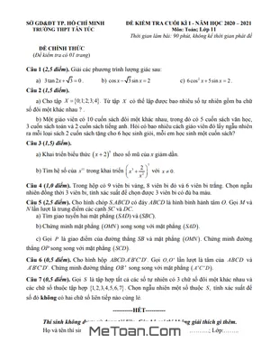 Đề kiểm tra cuối kì 1 Toán 11 năm 2020 - 2021 trường THPT Tân Túc - TP HCM