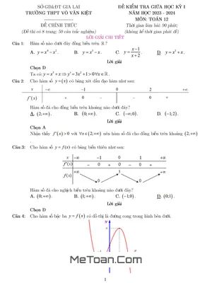 Đề thi giữa kỳ 1 Toán 12 năm 2023 - 2024 trường THPT Võ Văn Kiệt - Gia Lai