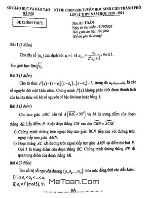 Đề thi chọn đội tuyển HSG Toán 12 THPT năm 2020 - 2021 Sở GD&ĐT Hà Nội
