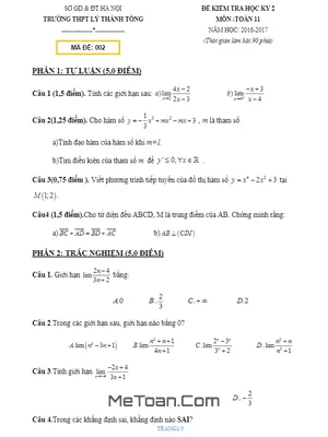 Đề thi HK2 Toán 11 năm 2016 - 2017 trường THPT Lý Thánh Tông - Hà Nội