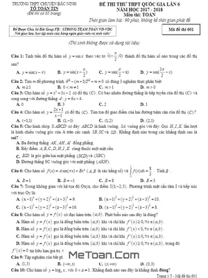 Đề thi thử Toán THPT Quốc gia 2018 trường THPT chuyên Bắc Ninh lần 6 có đáp án
