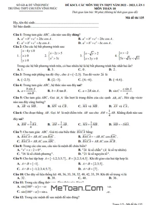 Đề KSCL Toán 10 lần 1 năm 2022 – 2023 trường THPT chuyên Vĩnh Phúc