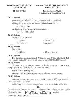 Đề thi học kì 1 Toán lớp 6 năm 2019 - 2020 phòng GD&ĐT Phú Mỹ - BR VT