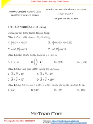 Đề kiểm tra học kỳ 1 Toán lớp 7 năm 2018 - 2019 trường THCS Mỹ Đình 1 - Hà Nội