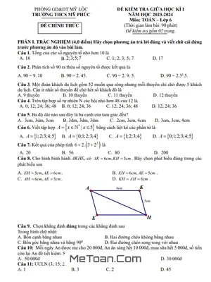 Đề thi giữa kì 1 Toán 6 năm 2023 - 2024 trường THCS Mỹ Phúc - Nam Định
