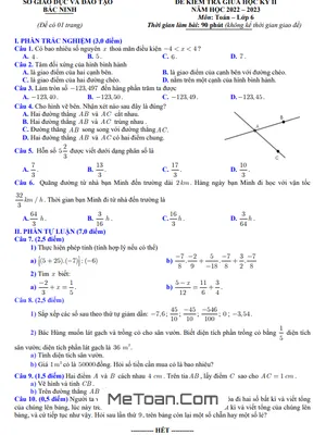 Đề thi giữa kỳ 2 Toán lớp 6 năm 2022 - 2023 sở GD&ĐT Bắc Ninh