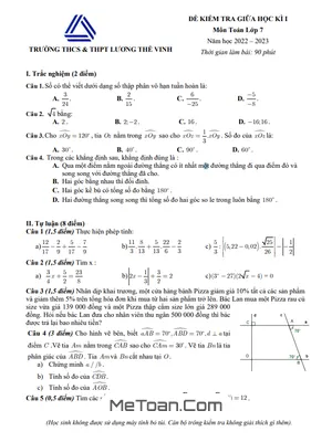 Đề thi giữa kì 1 Toán 7 năm 2022 - 2023 trường Lương Thế Vinh - Hà Nội
