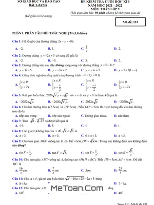 Đề thi Toán 9 học kì 1 năm 2021 - 2022 Sở GD&ĐT Bắc Giang