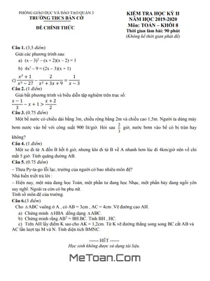 Đề Thi Học Kỳ 2 Môn Toán Lớp 8 Năm 2019 - 2020 Trường THCS Bàn Cờ - TP.HCM (Có Đáp Án)