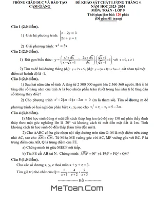 Đề khảo sát Toán 9 tháng 04 năm 2024 phòng GD&ĐT Cẩm Giàng - Hải Dương