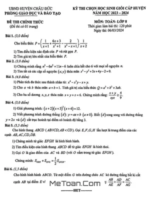 Đề thi học sinh giỏi Toán 8 năm 2023 - 2024 phòng GD&ĐT Châu Đức - BR VT