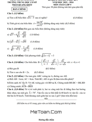 Đề Thi Giữa Kì 1 Toán 9 Năm 2023 - 2024 Trường THCS Trần Quang Khải - Khánh Hòa