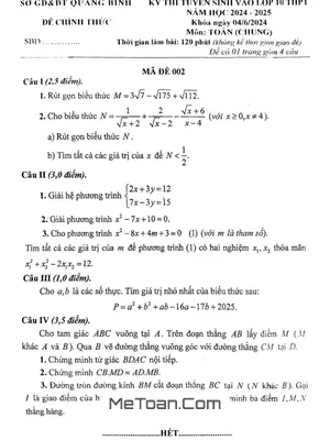 Đề thi tuyển sinh lớp 10 môn Toán (chung) năm 2024 - 2025 sở GD&ĐT Quảng Bình
