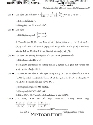 Đề KSCL Toán thi vào lớp 10 năm 2023 - 2024 trường THPT Quảng Xương 4 - Thanh Hóa