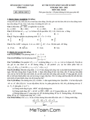 Đề tuyển sinh vào lớp 10 môn Toán năm 2021 - 2022 sở GD&ĐT Vĩnh Phúc