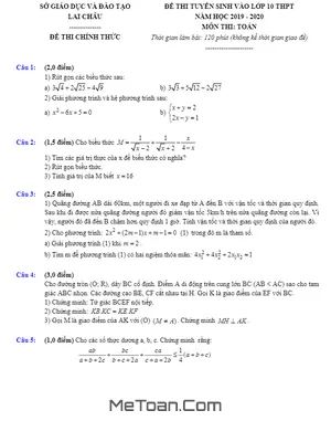 Đề thi vào lớp 10 môn Toán - Sở GD&ĐT Lai Châu năm 2019 - 2020