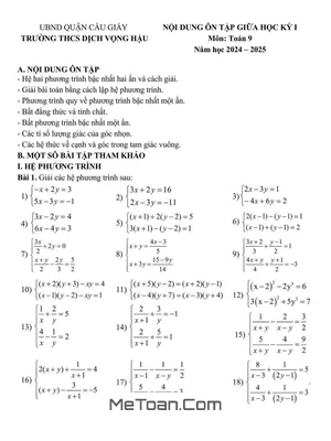 Ôn Tập Giữa Kì 1 Toán 9 Năm 2024 - 2025 Trường THCS Dịch Vọng Hậu - Hà Nội