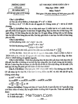 Đề thi HSG Toán 9 năm 2024 - 2025 Phòng GD&ĐT Cửa Lò - Nghệ An