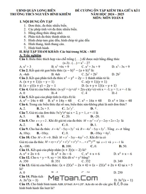 Đề Cương Ôn Tập Giữa Kì 1 Toán 8 Năm Học 2024 - 2025 - THCS Nguyễn Bỉnh Khiêm, Hà Nội