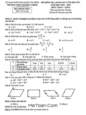 Đề thi học kì 1 Toán 8 năm 2024 - 2025 trường THCS Trường Chinh - TP HCM