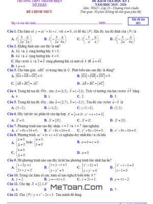 Đề thi học kỳ 1 Toán 10 năm 2019 – 2020 trường Thanh Miện – Hải Dương