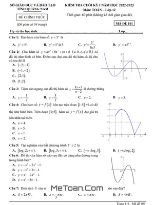 Đề thi học kỳ 1 Toán 12 năm 2022 - 2023 sở GD&ĐT Quảng Nam (có đáp án)