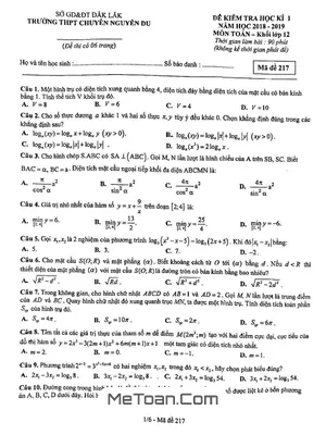 Đề thi HK1 Toán 12 năm học 2018 - 2019 trường THPT chuyên Nguyễn Du - Đắk Lắk