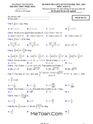 Đề thi giữa kỳ 2 Toán 12 năm 2023 - 2024 trường THPT Thiệu Hóa - Thanh Hóa
