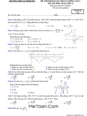 Đề thi KSCL lần 1 Toán 12 năm 2020 - 2021 trường THPT Gia Bình 1 - Bắc Ninh