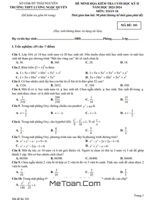 Đề Minh Họa HK2 Toán 10 Năm 2023 - 2024 Trường Lương Ngọc Quyến - Thái Nguyên